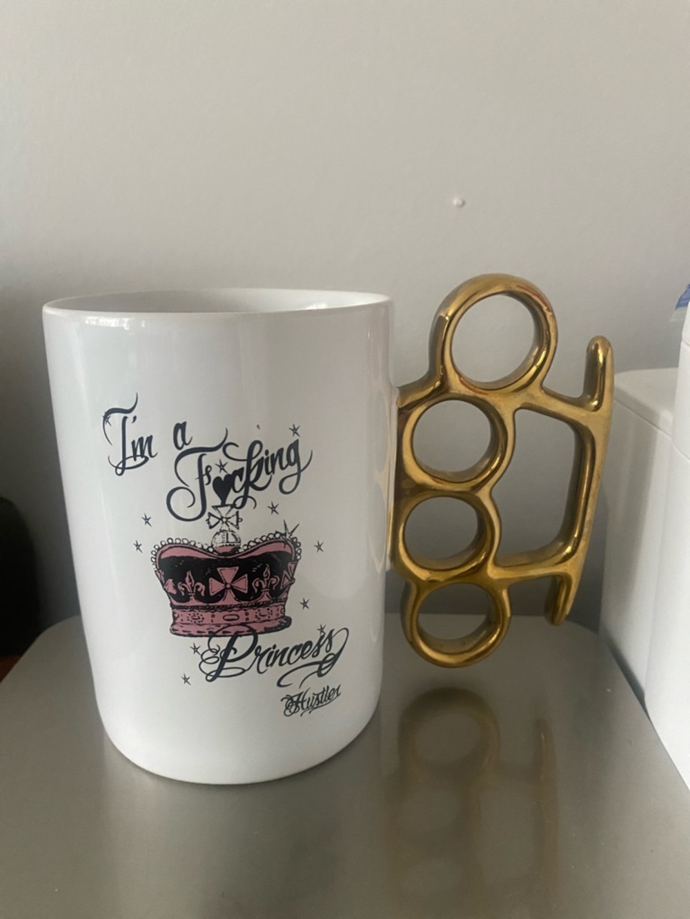I’m A F—Princess White Ceramic Mug Gold Brass Knuckle-Handle Pink Crown RARE